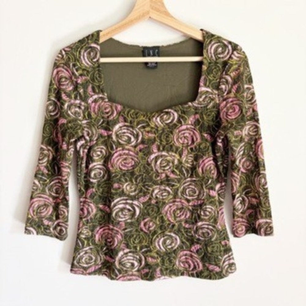 VTG INC Floral Lace Mesh Top Medium Pink Green Square Neck Fairy Y2k Boho
